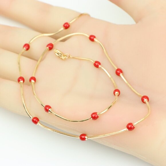 "Delicate Yellow Gold Plated Necklace with Red Beads, XPNL0302 - Picture 2 of 12